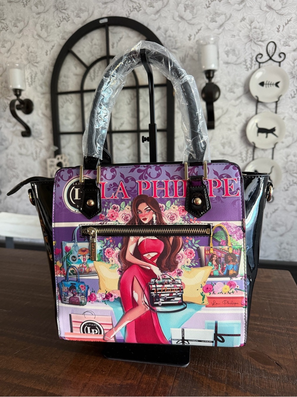 La Philipe MiamiPurple Graphic Satchel with Top Handles